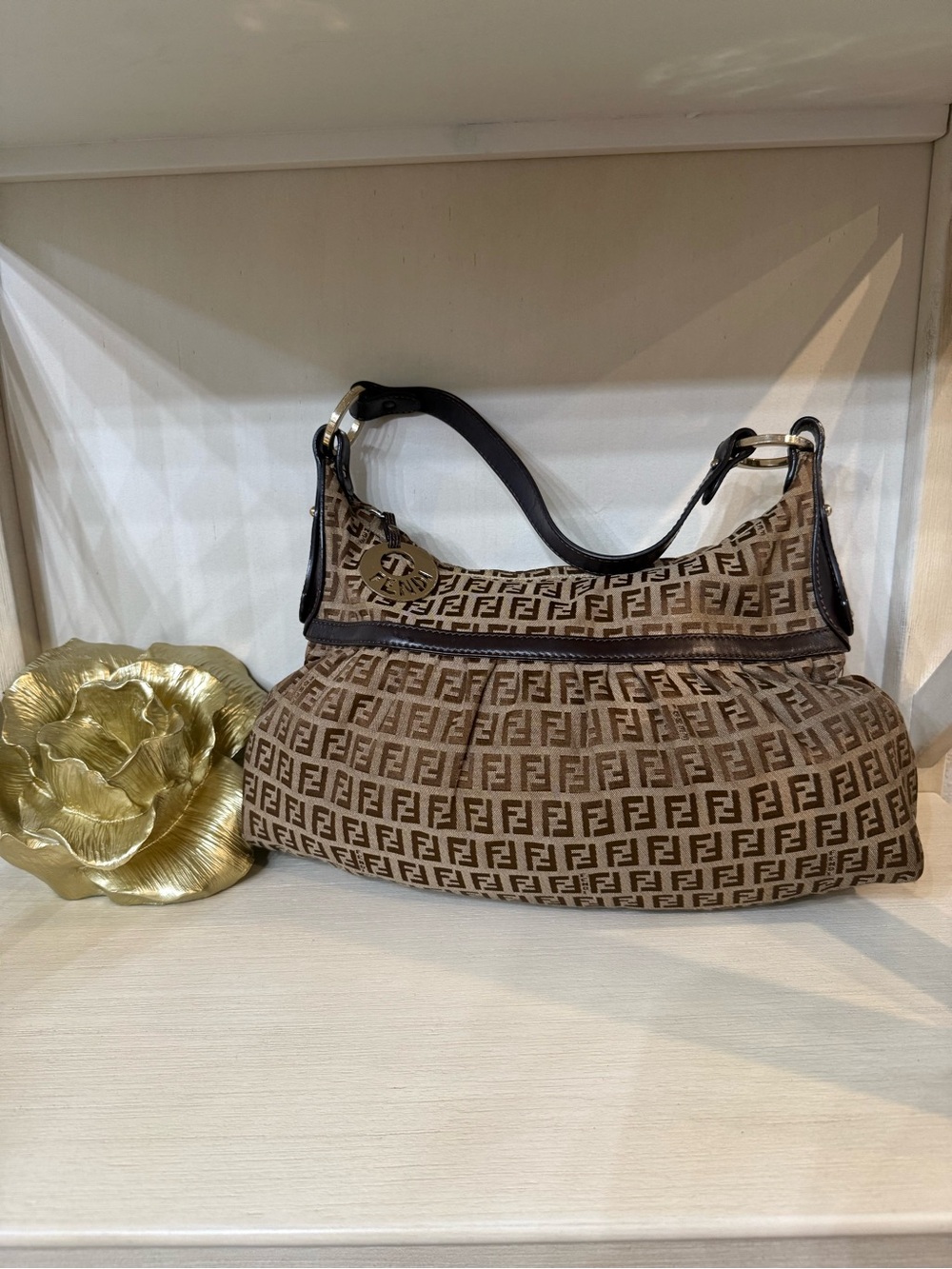 Fendi Tan and Brown Zucca Hobo Shoulder Bag